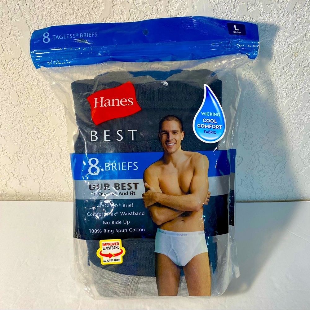 Hanes Best Men’s LG (36-38) Flex Waist Wicking Cool Black & Gray- Cotton Briefs